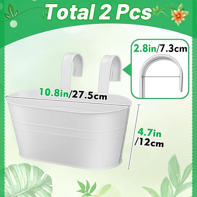 MADHOLLY Railing Planter with Drainage Holes - Sturdy Bucket Pots for Railing Fence, Countryside Style Metal Flower Pots for Herbs Balcony Garden Yard Decor, 2Pcs, White