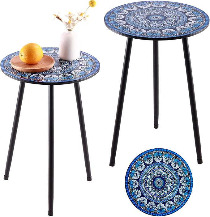 Metal Outdoor Side Tables Set of Two Small Outside Round End Table for Patio Modern Accent Garden Corner Table for Small Spaces, Balcony, Porch, Weather-Resistant, Plant Stand Indoor, Blue