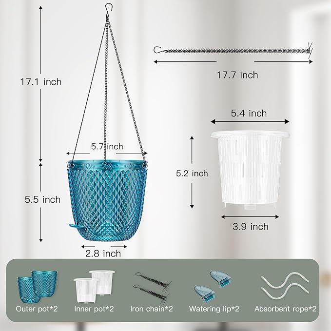 QCQHDU Self Watering Hanging Pots, 2 Pack 5.7 Inch Hanging Planters for Plants Indoor, Outdoor Flower Pots with Drainage Holes and 3 Hooks Chains for Garden Home (Klein Blue)