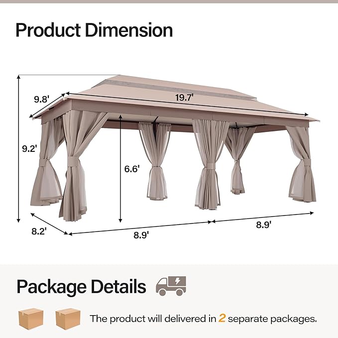 LAUSAINT HOME Semi-Permanent Outdoor Patio Gazebo 10'x20', Heavy Duty Party Tent Shelter with Double Roofs, Mosquito Nettings and Privacy Screens for Backyard, Garden, Lawn, Khaki