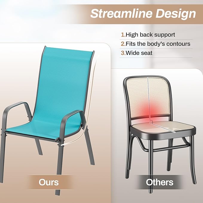 TLSUNNY Patio Chairs, Stackable Textilene Outdoor Dining Furniture for All Weather, with 17.7″ Wide Seat & Metal Frame, for Garden, Backyard, Deck, Restaurant, Poolside (8, Turquoise Blue, 26.4″)