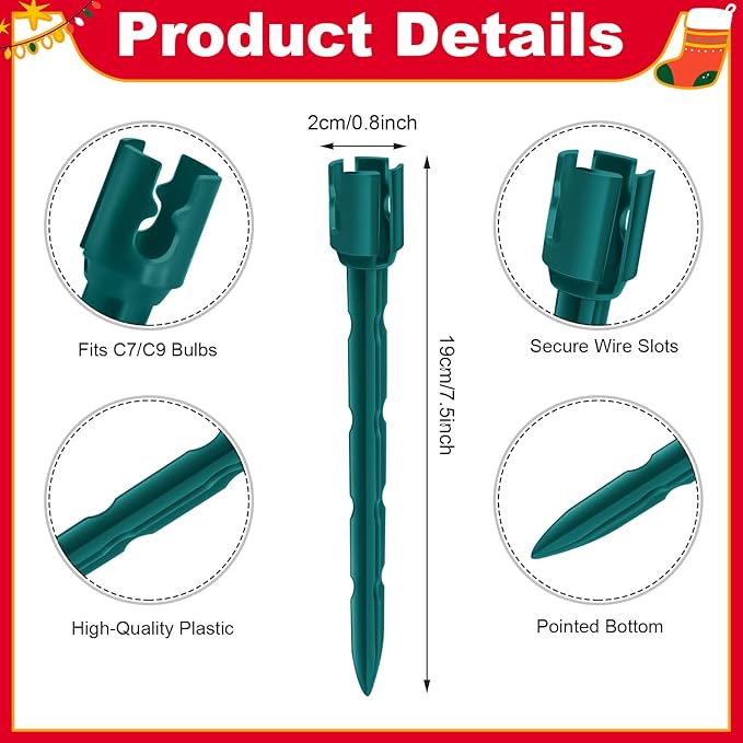 60 Pcs 7.5 Inch Christmas Light Stakes, Christmas Yard Stakes for C7 C9 Christmas Lights, Garden Path Walkway Holiday Decorations(Green)