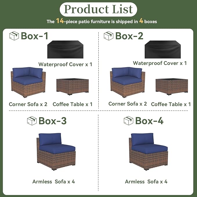 Aoxun 14 Piece Patio Furniture Set Wicker Rattan Patio Conversation Set Outdoor Sectional Sofa Set with Coffee Table and Thickened Cushions, Blue(Waterproof Cover Included)