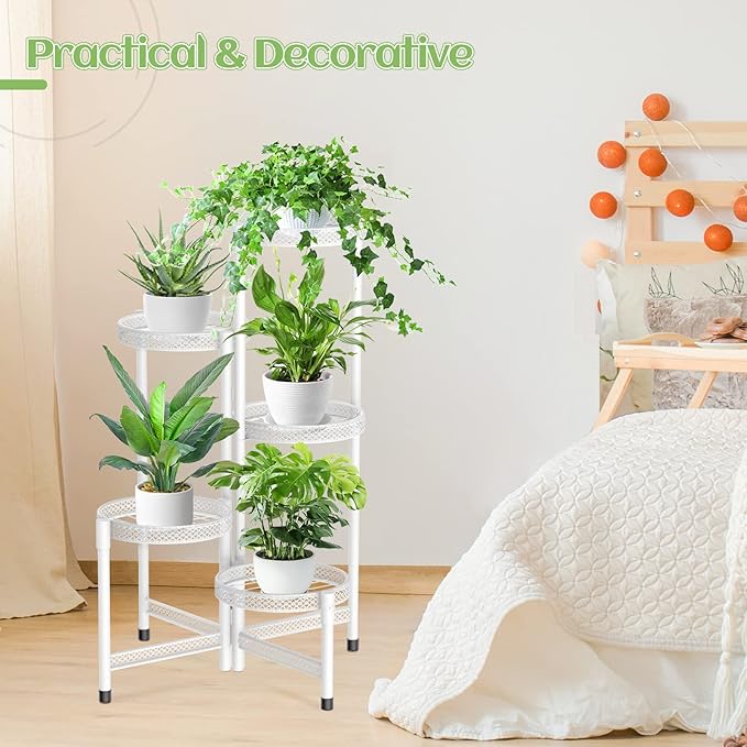 iDavosic.ly Plant Stand Indoor Outdoor, 5 Tier Corner Metal Flower Display Holder Shelf, Easy Assembly Folding Tall Orchid Rack for Patio Balcony Porch Garden Living Room House, Wrought Iron - White