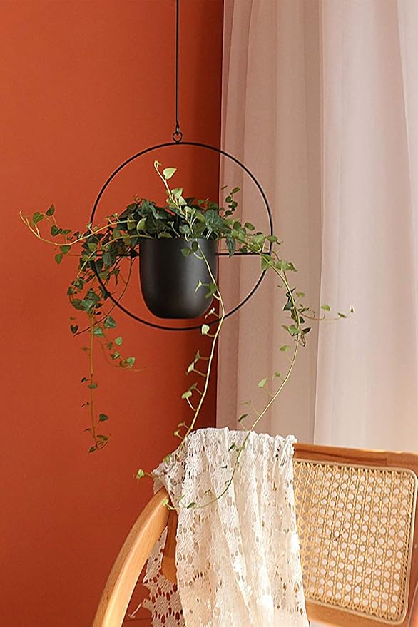 Hanging Planter for Indoor Outdoor Plants Metal Mid Century Minimalist Wall Ceiling Plant Hanger, Hanging Flower Pot Basket Holder for Home Office Décor(Black)