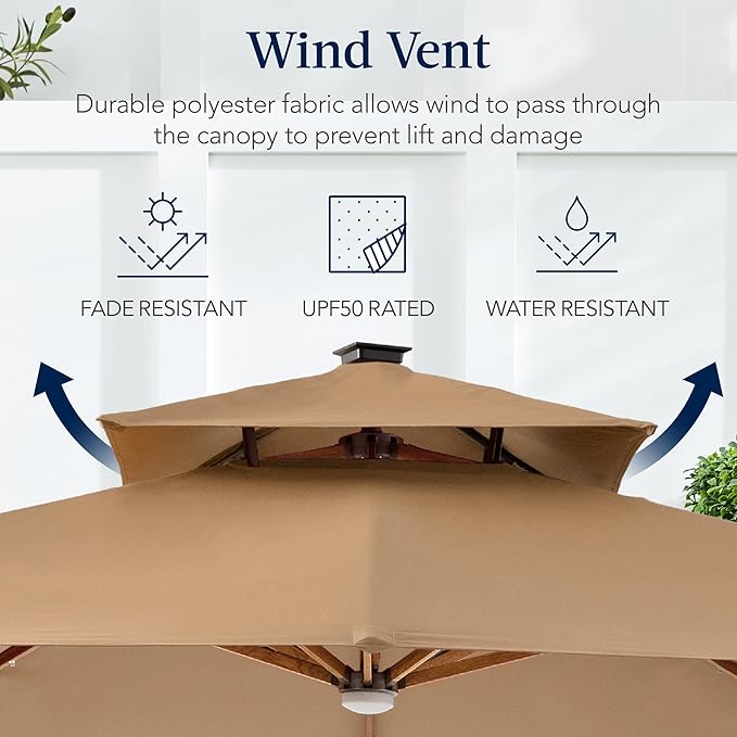 Best Choice Products 10ft Square Cantilever Patio Umbrella w/Base Included, Woodgrain Pattern Pole & Solar LED Lights, 360-Rotation, Offset Hanging Outdoor Shade - Tan