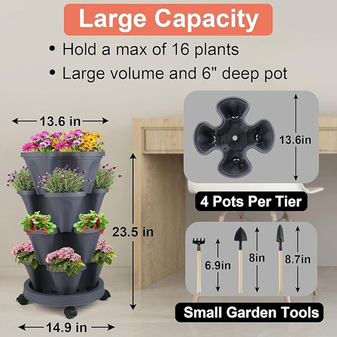 Vertical Planter 4 Tier Stackable Planters Garden Planters Strawberry Herb Flower and Vegetable Planter Indoor Outdoor Gardening Pots with Removable Wheels and Tools