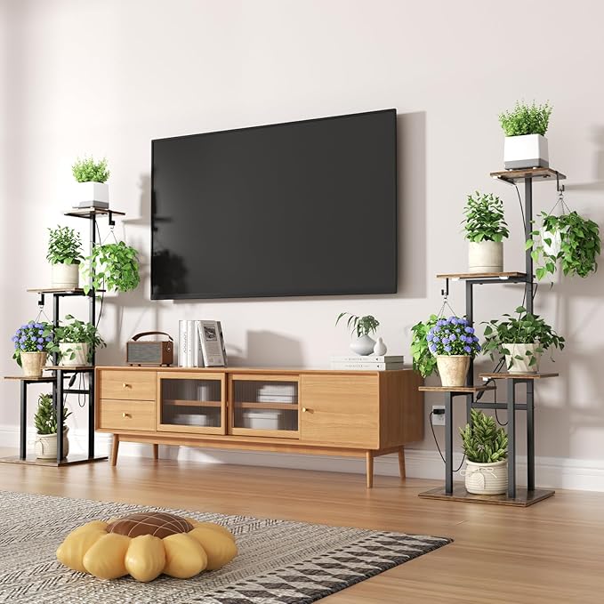 Plant Stand Indoor with Grow Lights, 46" Metal Corner Plant Shelf with 3 LED Lights, 2 Hanging Hooks, 5-Tiered Tall Plant Flower Holders for Living Room, Garden, Patio (Black Brown)