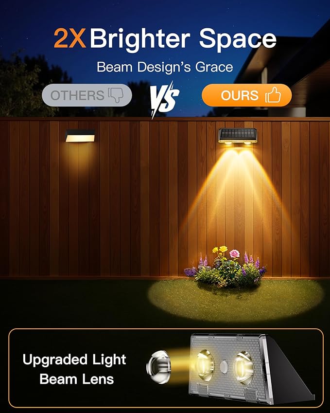 Solar Fence Lights Outdoor, 2 Pack IP65 Waterproof Fence Lights Solar Powered with Ultra-Bright LED Lens, 9 Color Modes, 12+ Hours Steady Glow for Deck/Backyard/Patio/Pool/Wall - Black