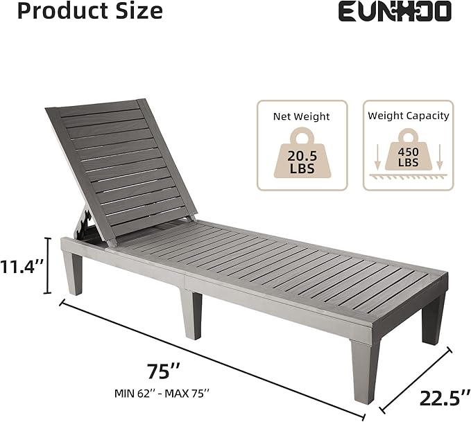 Outdoor Lounge Chaise, Adjustable Pool Lounge Chairs with 5 Positions Backrest, Waterproof Sun Loungers for Garden Pool Beach Patio Deck Sunbathing Set of 4