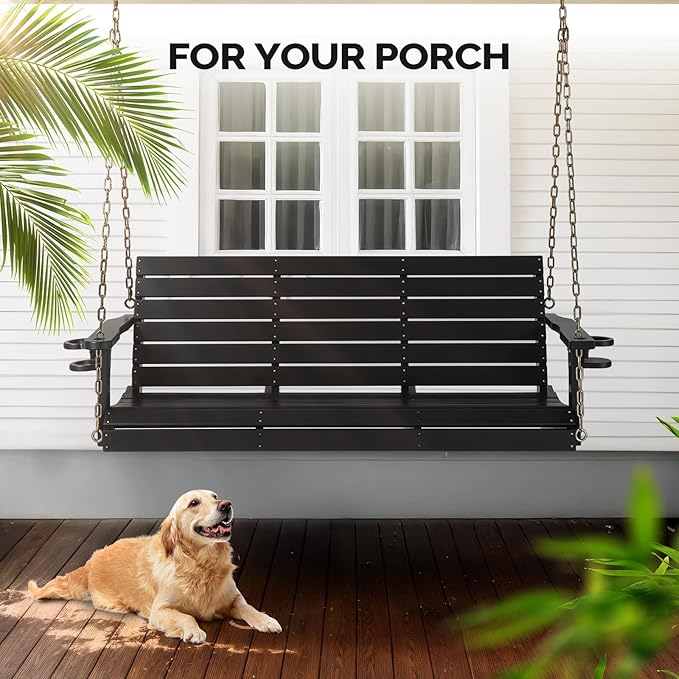 VINGLI Heavy Duty 1600 LBS HDPE Porch Swing Outdoor with Rotatable Cup Holder, 5 FT Patio Bench Swing with Adjustable Chains, 3 Person Hanging Porch Swing Chair for Porch, Yard, Tree, Garden - Black
