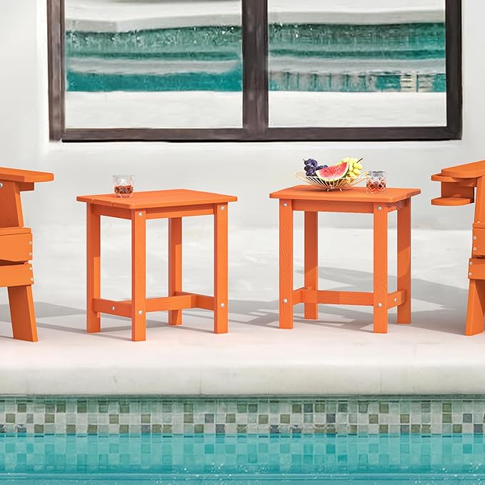 LUE BONA Outdoor Side Table Set of 2, HDPS Small Outdoor Table, Adirondack Side Table, Outside End Table for Patio, Porch, Deck, Pool, Weather Resistant/Easy Maintenance/Indoor or Outside Use, Orange