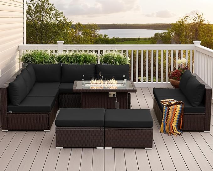 NICESOUL Outdoor Patio Furniture Set with Fire Pit Natural Gas/Propane, 29.3'' High-Back XL Large Conversations for Exteriors, 9-Seater Wide Deep Seating Rattan Sectional Sets, Brown and Black