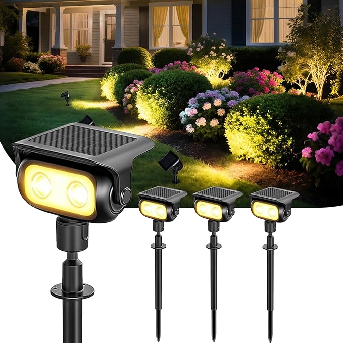 Solar Landscape Spotlights Outdoor Waterproof IP67, Warm White LED Spot Lights for Tree Flag Garden, Adjustable Solar Uplights Auto On Off with 2 Brightness Mode