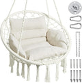 Greenstell Hammock Chair, Macrame Swing Chair with Comfy Cushion, Boho Hanging Chair for Outdoor & Indoor, Perfect for Bedroom, Patio, Balcony, Hold up to 330Lbs, White