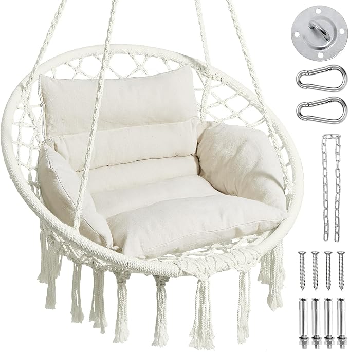 Greenstell Hammock Chair, Macrame Swing Chair with Comfy Cushion, Boho Hanging Chair for Outdoor & Indoor, Perfect for Bedroom, Patio, Balcony, Hold up to 330Lbs, White