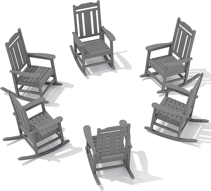 SERWALL Outdoor Rocking Chair Set of 6, Patio Rocking Chair Sets, HDPE Rocking Chair for Adults, Gray