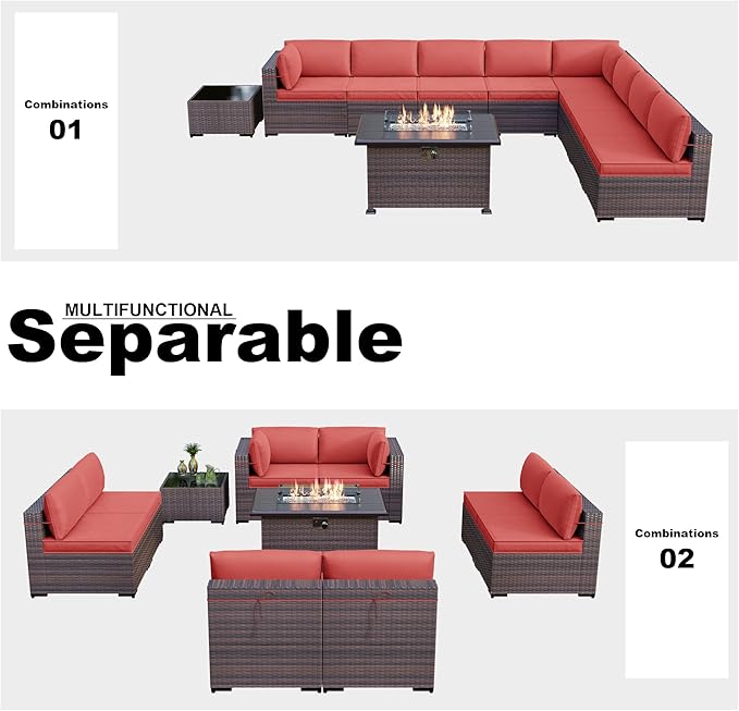Kullavik 10 Pieces Outdoor Patio Furniture Set with 43" 55000BTU Gas Propane Fire Pit Table PE Wicker Rattan Sectional Sofa Patio Conversation Sets,Red