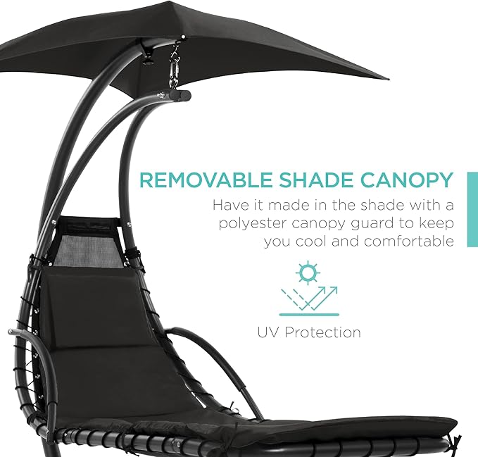 Best Choice Products Outdoor Hanging Curved Steel Chaise Lounge Chair Swing w/Built-in Pillow and Removable Canopy - Black