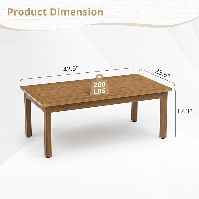 LUE BONA Outdoor Coffee Table, HDPS Patio Coffee Tables for Outside Rectangle, Adjustable Levelling Feet/Weather Resistant, Patio Table for Deck, Pool, Balcony, Indoor or Outdoor Use, Teak Color