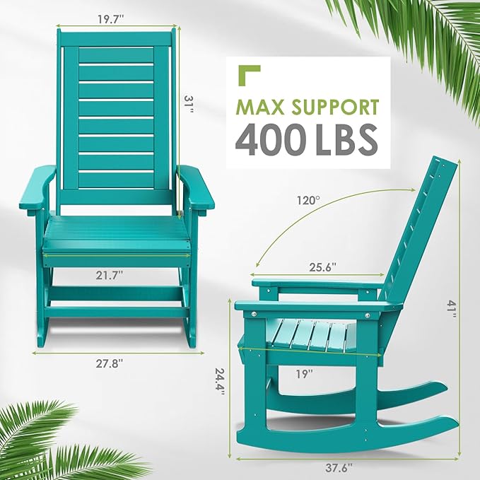 GREENVINES Outdoor Rocking Chairs | Set of 2 | Porch Rocker | HDPE Plastic | Aqua | Oversized Rockers | High Back | Big & Tall | Ladder Back | for Patio Outside Backyard Balcony Garden