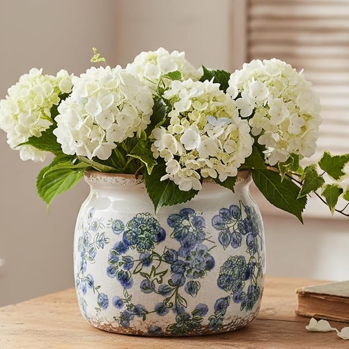 Ceramic Planters Spring Decor, 6.29in Country Cottage Plant Pots with Drainage Hole for Indoor Plants & Succulent, Vintage Crackle Glaze Finish Flower Vase, Home Decor Gifts, Deep Blue Floral