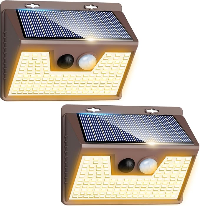 Peasur Solar Lights Outdoor Motion Sensor Waterproof, 2Pack 140LED Brown Solar Powered Fence Light, 3 Modes Security Wall Lights for Garden Yard Outside(Warm White)