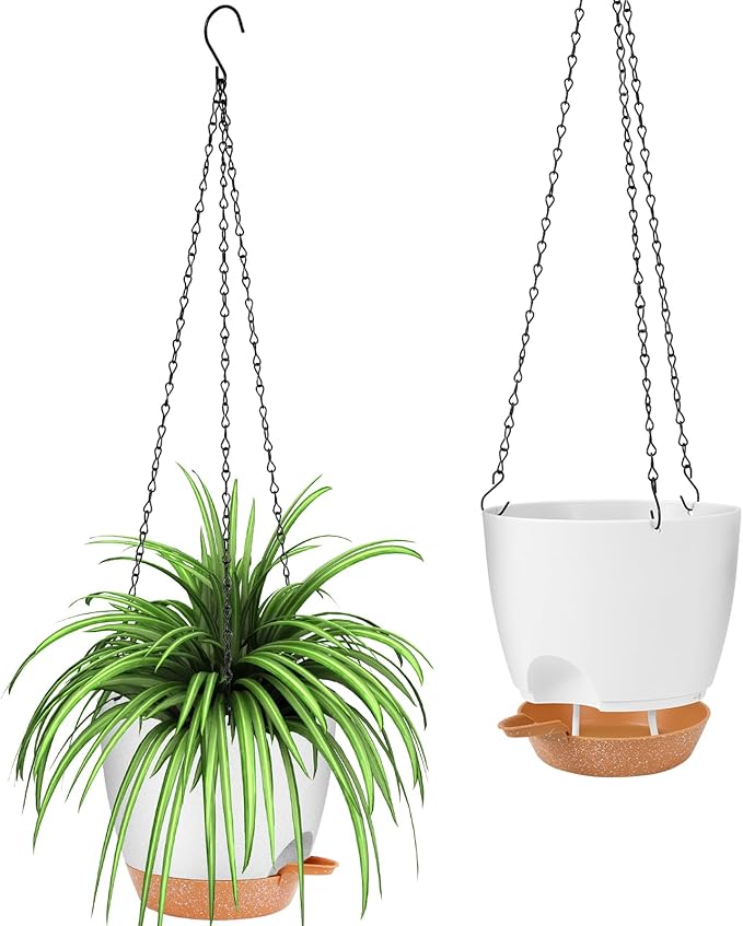 GARDIFE hanging planter, 8 inch hanging planters for indoor. outdoor plants , Self watering plant pot, 2 Pack Large self watering hanging planter (8-White, 8 inch)