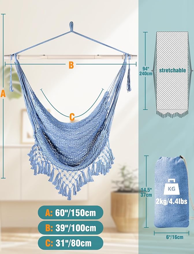 Chihee Hammock Chair Super Large Soft-Spun Cotton Rope Weaving Hanging Chair, Collapsible Strong Metal Spreader Bar Wide Seat Lace Stretch Swing Chairs Indoor Outdoor Garden Yard Theme Decoration