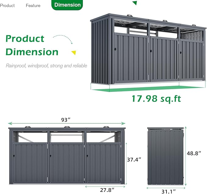 AECOJOY Outdoor Trash Can Storage Shed for 3 Garbage Cans, 73 Cu.Ft Outside Garbage Can Storage Sheds & Outdoor Storage Clearance, Dark Grey Outdoor Horizontal Storage Cabinet Waterproof