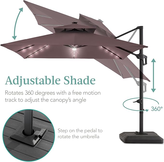 Best Choice Products 10x10ft Cantilever Patio Umbrella w/Base Included, Solar LED Lights 360 Rotation Large Offset Hanging Outdoor Shade for Deck Pool Backyard w/Stand – Deep Taupe