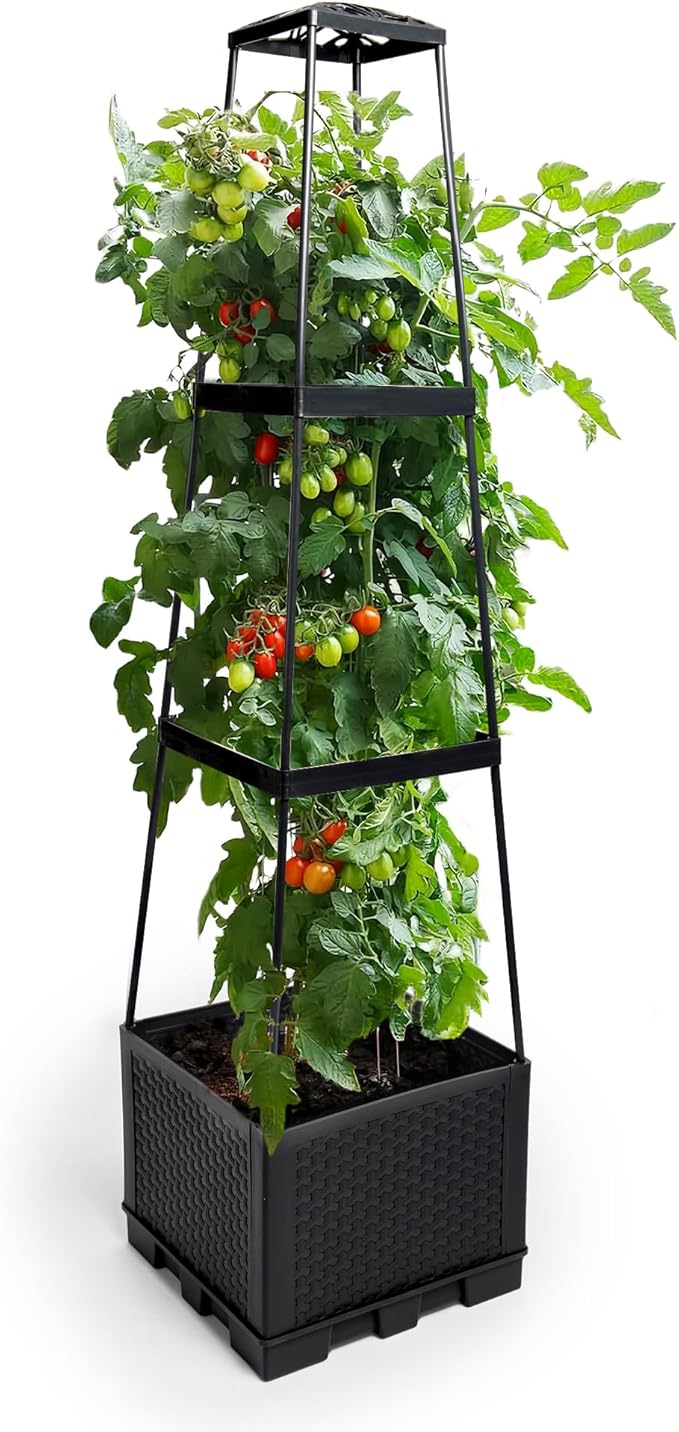 GENMOUS 3 Tiered Tomato Planter with Trellis for Small Climbing Vegetables Plants, 45” Raised Garden Bed Planter Box Tomato Cage Tomato Planters for Patio Indoor Outdoor Vegetables Growing Plants