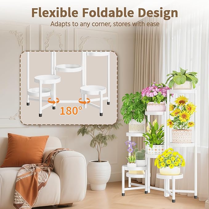 LASZOLA 8 Tiered Folding Tall Plant Stand Indoor for Multiple Large Planter, Heavy Duty Metal Adjustable Flower Rack for Narrow Corner, Sturdy Vertical Spiral Shelving Holder for Modern House, White