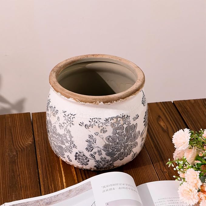 Flower Pot,Vintage Gray Ceramic Pot for Planter with Drainage Holes, 6.29 inch Ice Crack Glazed Small Rustic Planters Pot for Indoor,Tucan Home Decor,Gardening Gifts