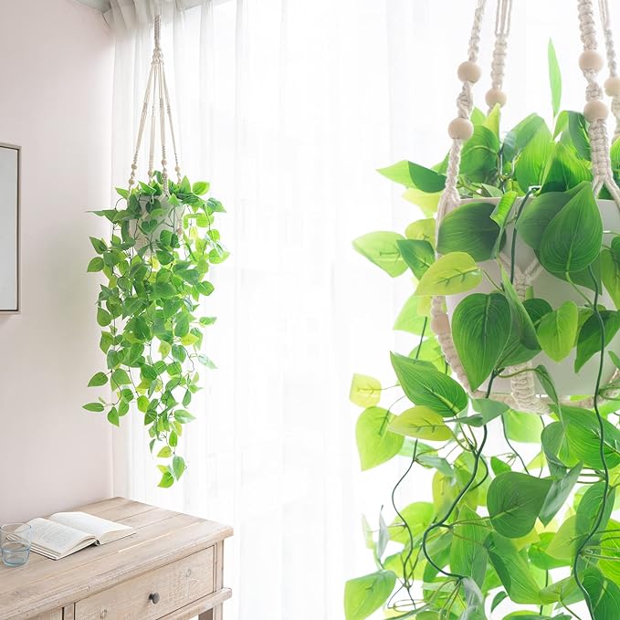 Mkono 3 Pack Macrame Plant Hangers Indoor Different Size Hanging Planter Basket Flower Pot Holder with Beads No Tassels 35"/29"/23", Medium, Ivory