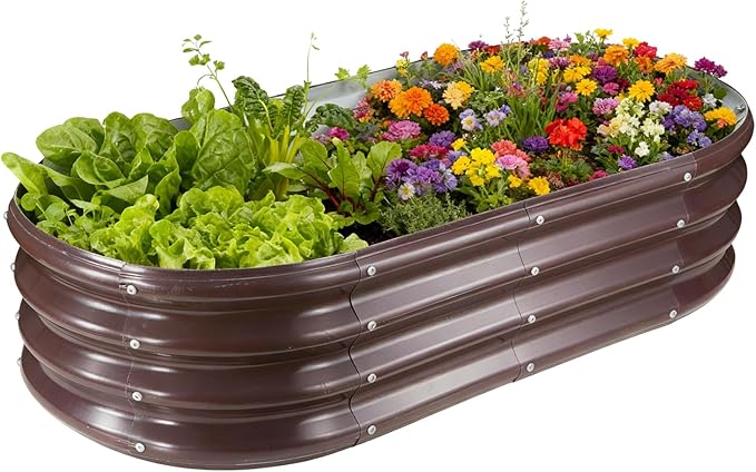 GOOZOO Galvanized Planter Raised Garden Bed, 4x2x1ft Raised Garden Bed Kit for Gardening Outdoor, Oval Metal Land Planter Box for Vegetables, Fruits, Flowers（Brown）