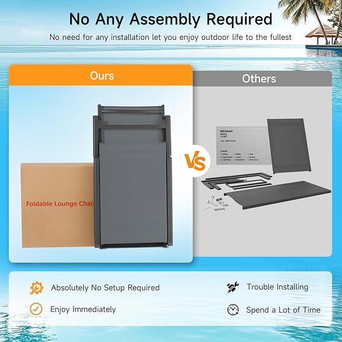 ONBRILL Aluminum Chaise Lounge Chair Outdoor, Foldable & Assembly Free Outdoor Lounge Chair with 5 Position Adjustable Backrest, Patio Pool Lounge Chairs for Outside Poolside Beach Lawn, 1PC, Grey