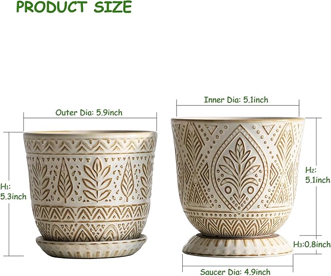 Gepege 6 Inch Ceramic Planter, White Plant Pot with Drainage Holes and Saucers for Indoor Plants, Birthday for Women Mom