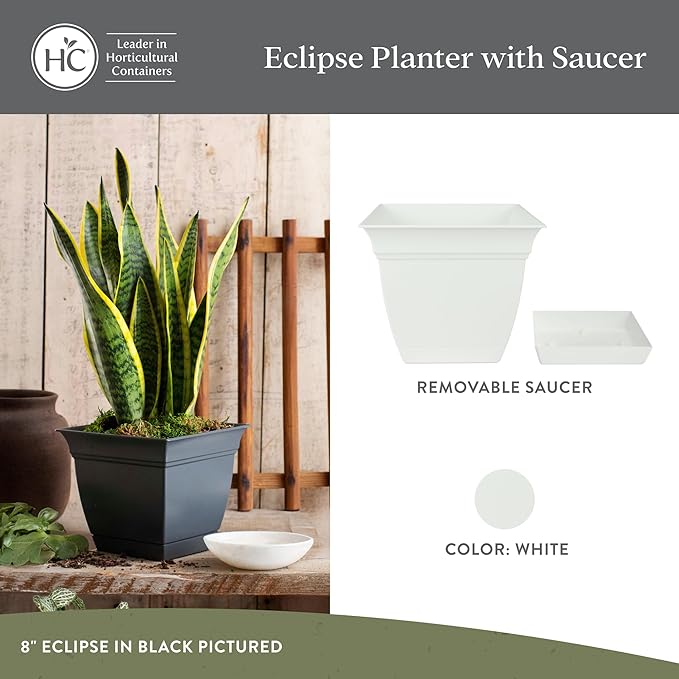 The HC Companies 8 Inch Eclipse Square Planter Pots with Drainage Holes & Attached Saucer, Lightweight UV-Resistant Plastic Indoor Outdoor Planters, 4-Pack Flower Pots for Garden & Home Decor, White