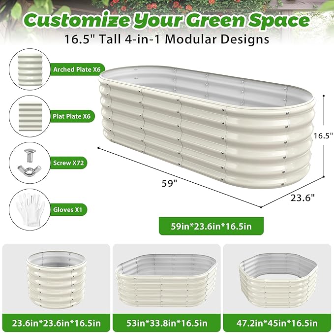 17" Tall Outdoor Garden Raised Garden Bed Kits, 5ft X 2ft Oval,0.8MM Thick Metal Raised Planter Bed/Ground Planter Box for Variety of Flowers,Herbs,Vegetables (Cream White, 60X24X16.5 Inches)