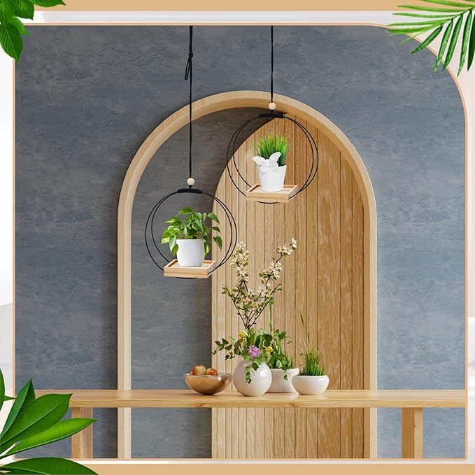 Geelin 2 Pack Plant Hanger with Wood Base Hanging Window Planter Boho Macrame Hanging Plant Holders for Window Indoor Outdoor Room Ceiling Home Decorations(Black)