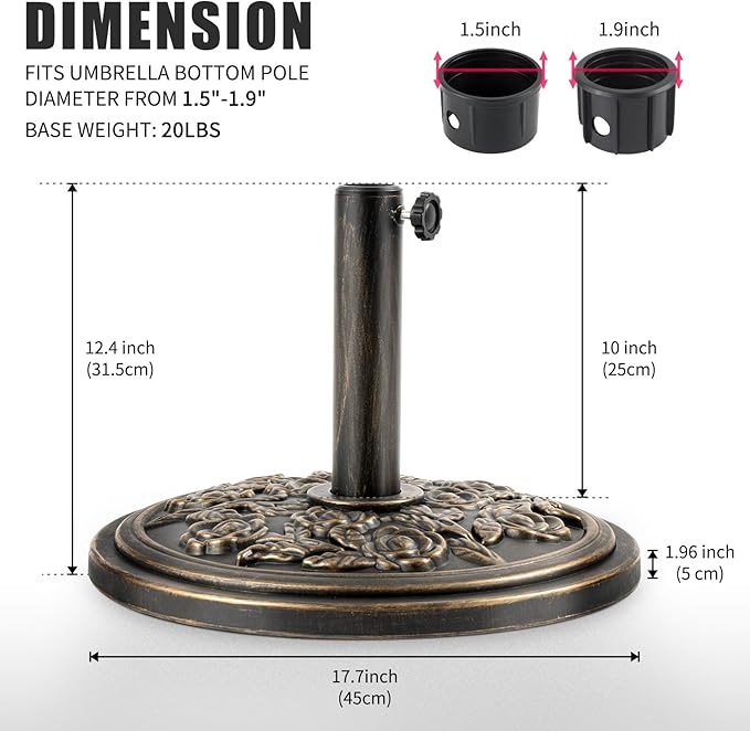 Backyard Expressions 20 lb Patio Umbrella Base Stand, Decorative Rose Medallion Antique Bronze Finish, Fits 1.5–1.9 in Poles w/Adapters, 18 in Round Weighted Outdoor Umbrella Holder for Deck & Table