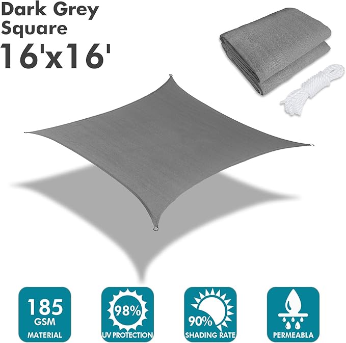 KANAGAWA Sun Shade Sail 16'x16' Dark Gray Rectangle UV Block Canopy Cover for Patio Backyard Lawn Garden Outdoor Activities