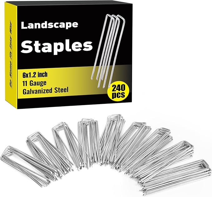 HongWay 240 Pack 6 Inch Landscape Staples, Garden Stakes Galvanized Tent Stakes Heavy Duty 11 Gauge SOD Landscaping Fabric Pins Yard Ground Lawn Staples for Plant Cover, Turf, Fence, Grass Decoration