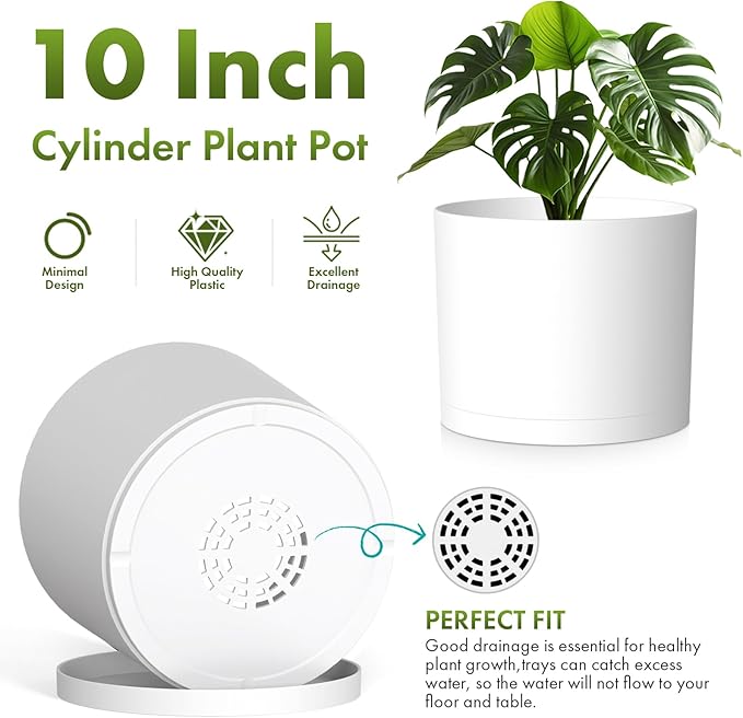 10 Inch Round Plastic Plant Pot with Drainage Holes and Saucer, Wide Flower Pots for Indoor & Outdoor Plants– 7.9" Tall Modern Cylinder Planter Pot for House Plants and Home Decorative, Matte White