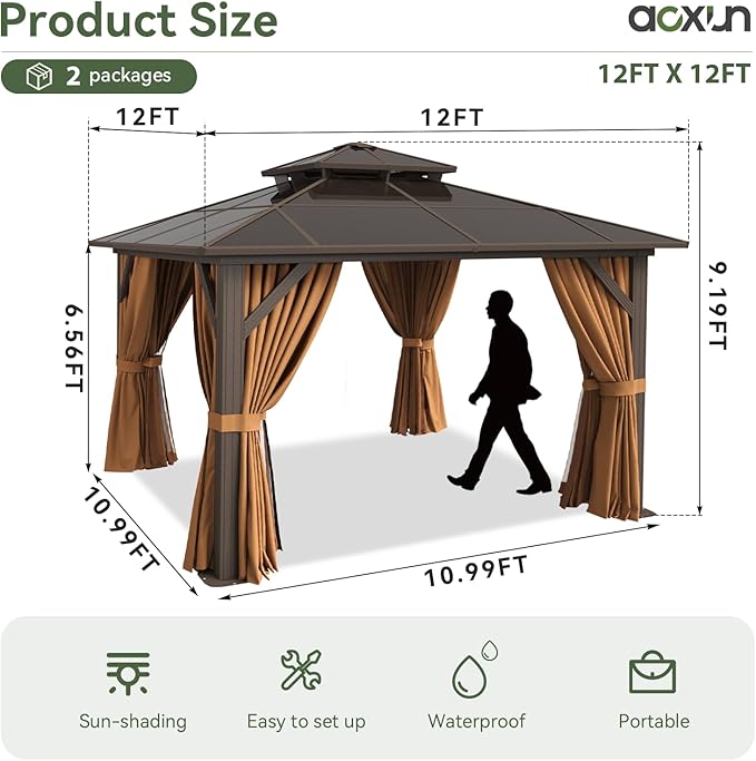 Aoxun 12'x12' Hardtop Gazebo, Aluminum Frame Permanent Pavilion with Curtains and Netting, Outdoor Polycarbonate Double Roof Canopy, Designed for Garden, Lawns, Patio, Brown