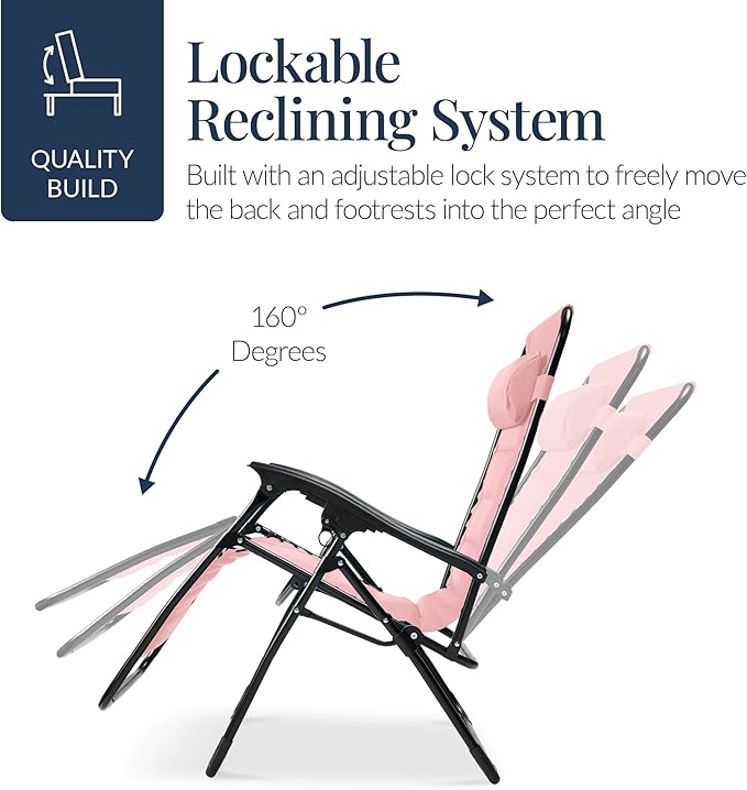 Best Choice Products Oversized Padded Zero Gravity Chair, Folding Outdoor Patio Recliner, XL Anti Gravity Lounger for Backyard w/Headrest, Cup Holder, Side Tray, Polyester Mesh - Bubblegum Pink
