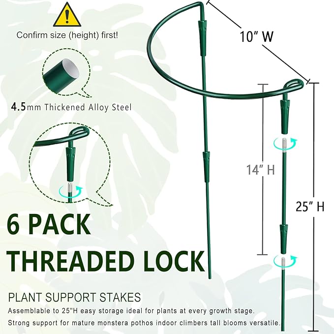 6 Pack Threaded Lock Metal Plant Support Stakes - 25" H Tall Peony Cage, Reusable Detachable Garden Ring for Hydrangea/Rose Bush/Potted Flowers, Indoor Outdoor Heavy Duty (10" W)