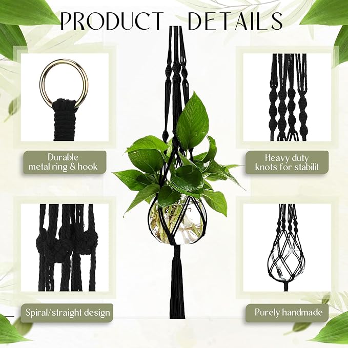 6 Pcs Plastic Plant Propagation with Boho Macrame Hanger Wall Plant Propagation Station Hanging Holder Include Hooks Kit for Indoor Home Garden Office Decor 3 Size (Black)