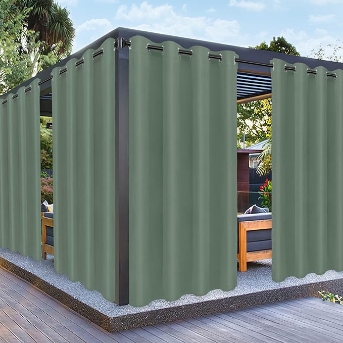 PureFit Outdoor Curtains for Patio Waterproof Weatherproof, UV and Fade Resistant Outside Curtains for Gazebo, Front Porch, Pergola, Sun Blocking Privacy Curtain, 52W x 108L inch, 1 Panel, Sage Green